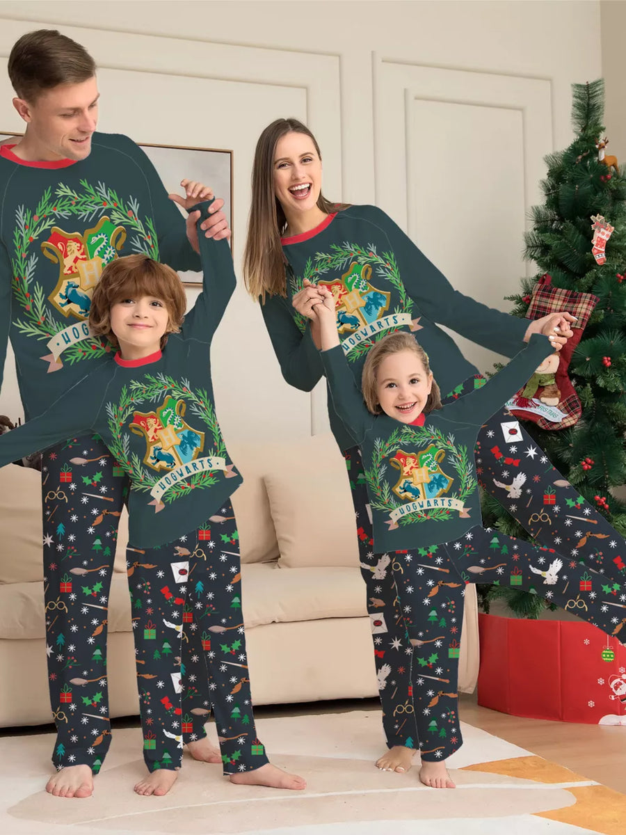 dark teal pajama set with graphic print and crew neck