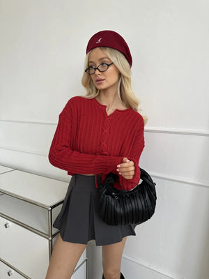 Ribbed Lace-Up Crop Sweater in Red with lace-up