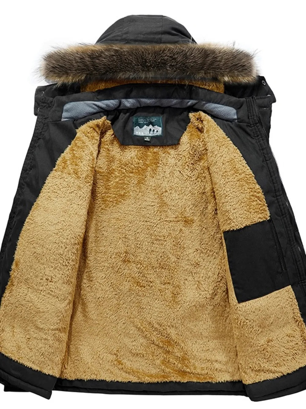 Men's black puffer coat with plush lining and faux fur hood detail.
