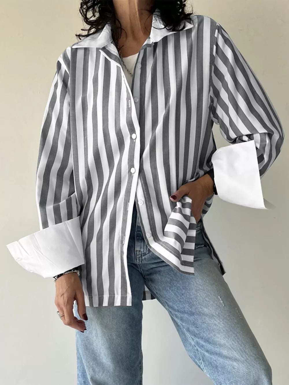 Striped Button-up Long Sleeve Shirt in Gray
