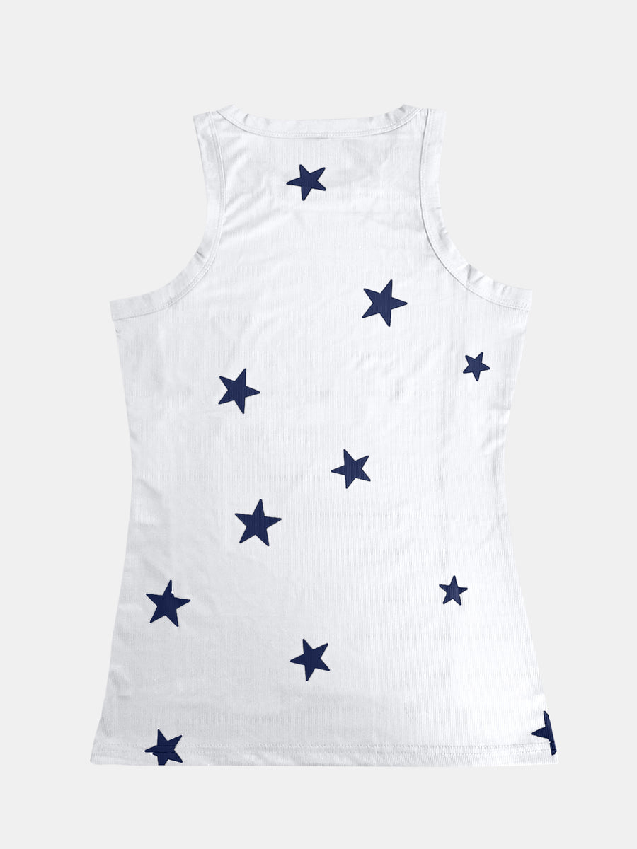 White ribbed tank top with navy stars, crew neck, sleeveless