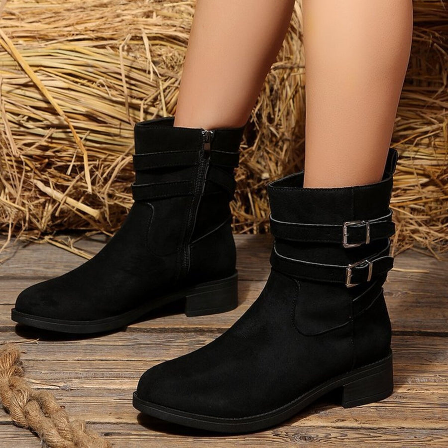 Buckle Round Toe Block Heel Boots in black with round toe
