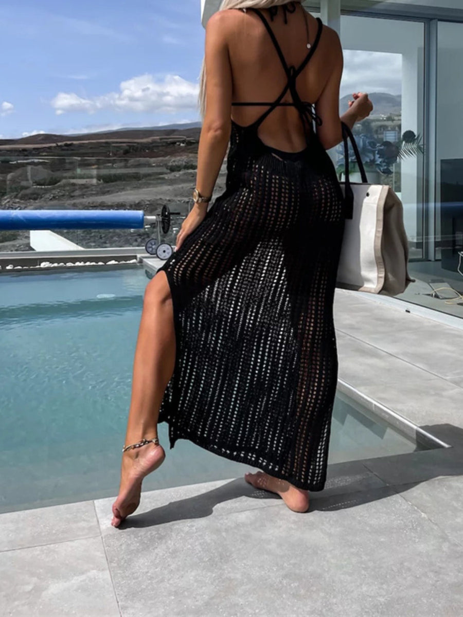 Black open-knit maxi cover-up with slit front and crisscross back detail.