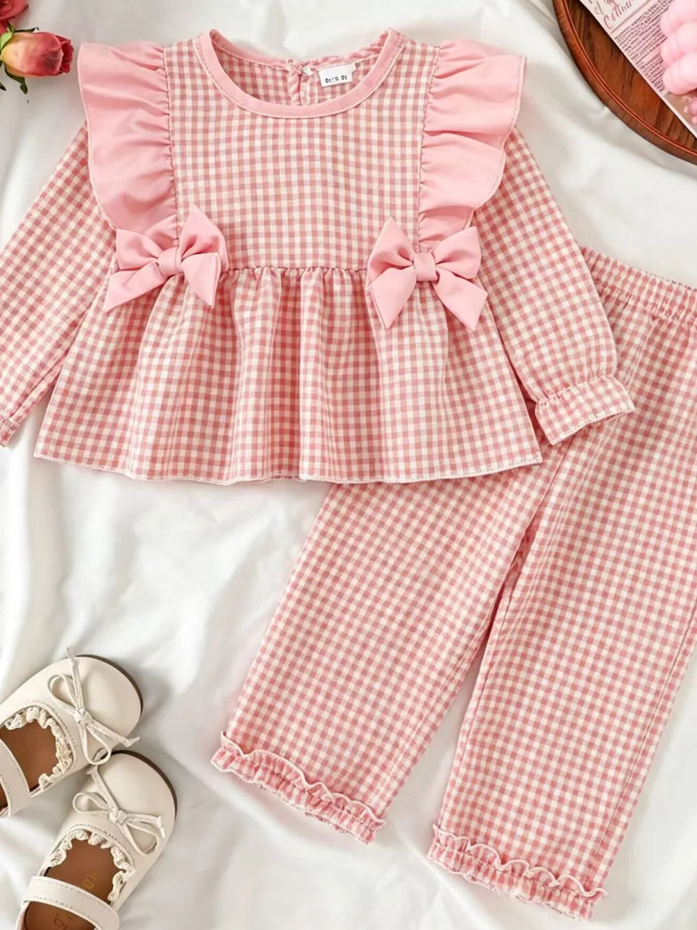Light Yellow Children's Ruffled Plaid Top And Pants Set
