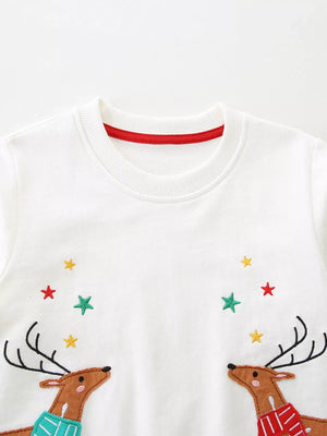 White cotton sweatshirt with embroidered reindeer and stars, red neckline trim.