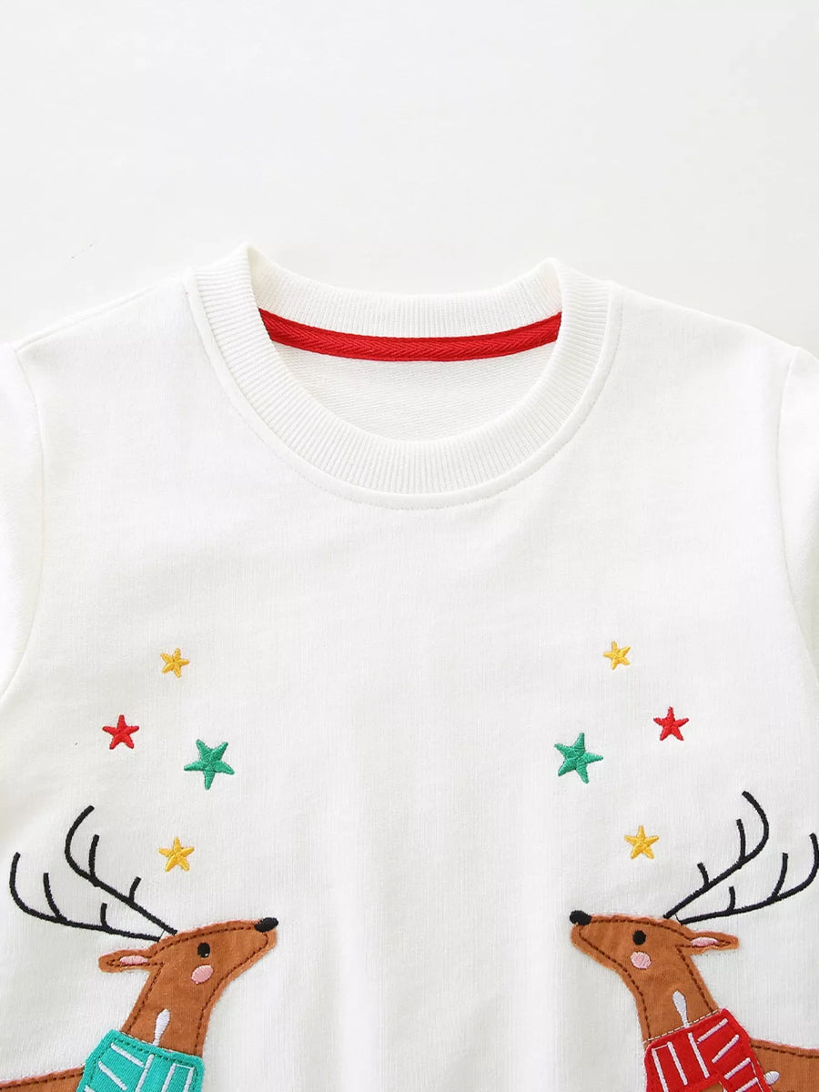 White cotton sweatshirt with embroidered reindeer and stars, red neckline trim.