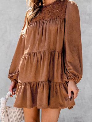 rust brown mini dress with floral and round neck