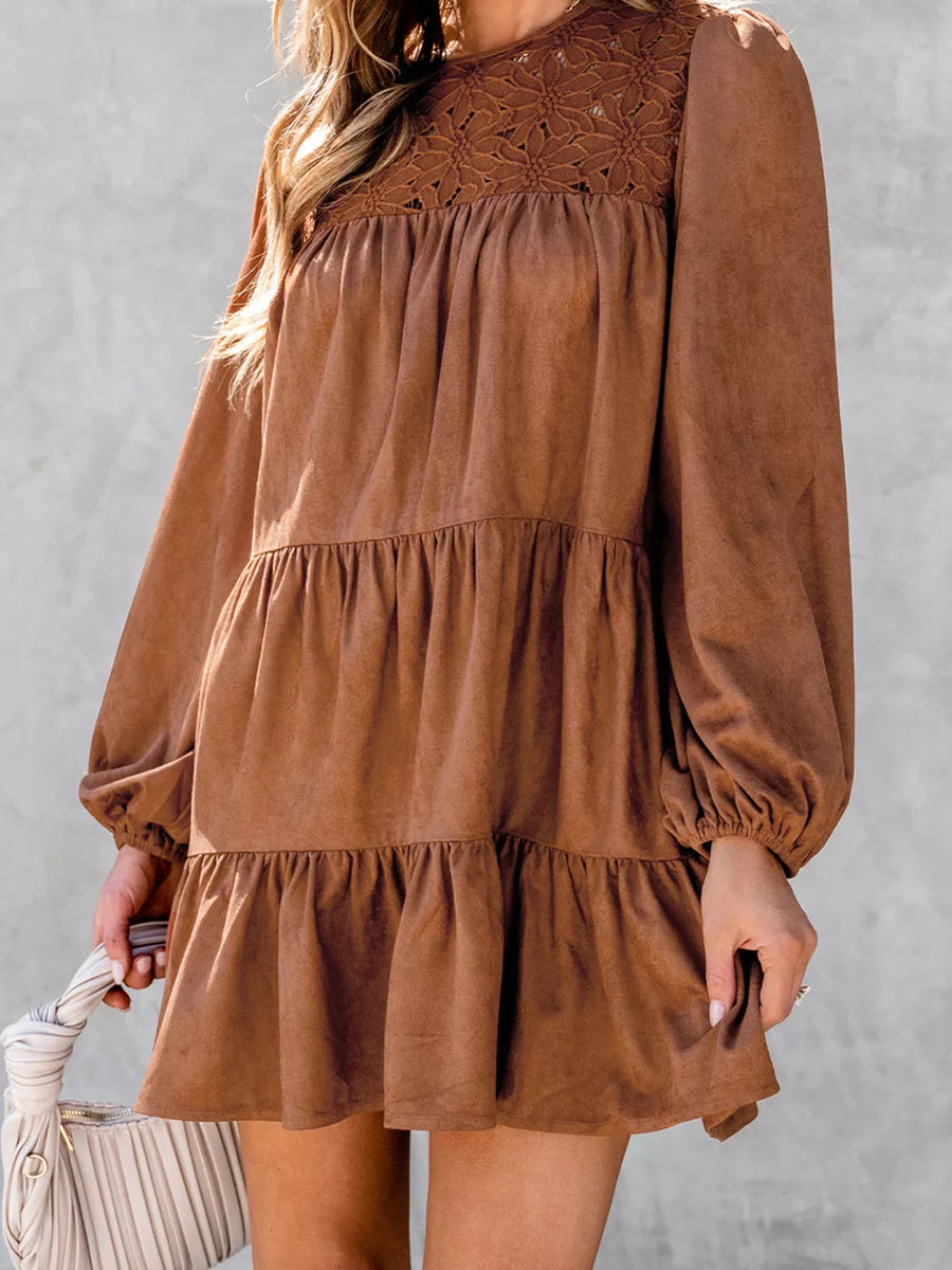 rust brown mini dress with floral and round neck