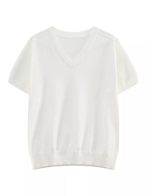 White knit V-neck t-shirt with short sleeves and ribbed hem.
