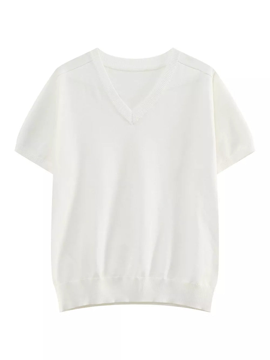 White knit V-neck t-shirt with short sleeves and ribbed hem.