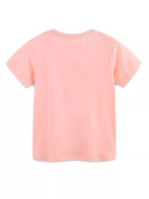 Toddler pink t-shirt with short sleeves and crew neck.