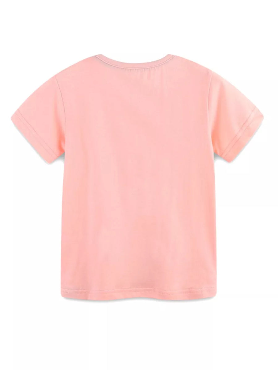 Toddler pink t-shirt with short sleeves and crew neck.