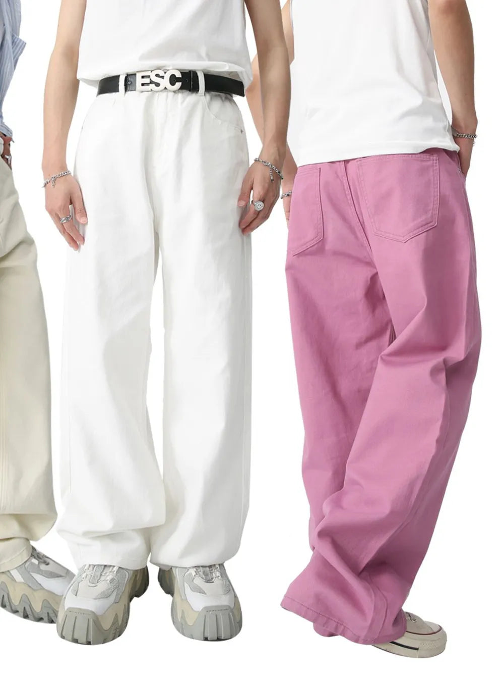Wide-leg high-rise denim trousers in Moonlit Mauve and Black, shown on models.