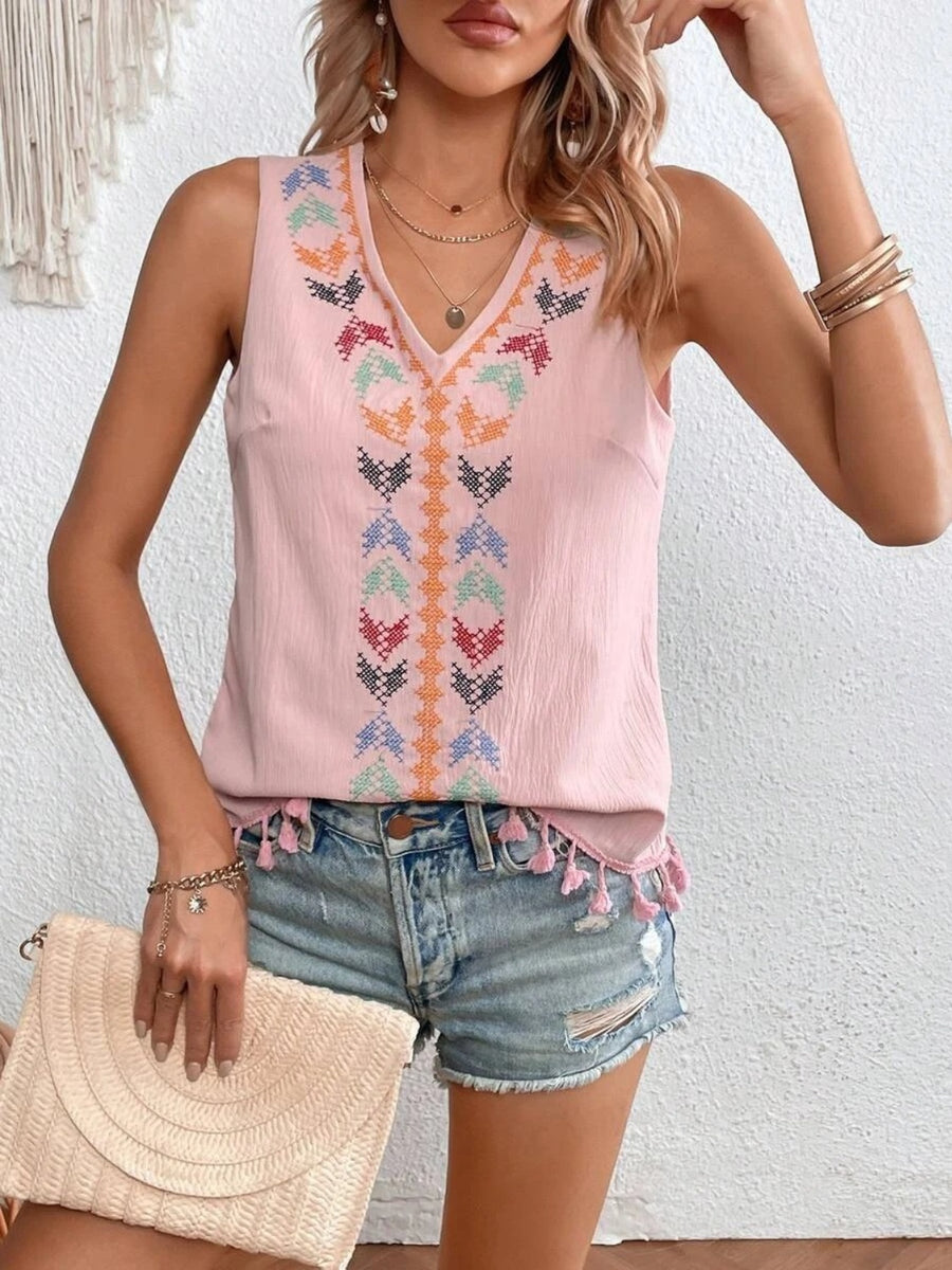 Dusty Pink embroidered V-neck tank top with colorful geometric pattern and tassel trim