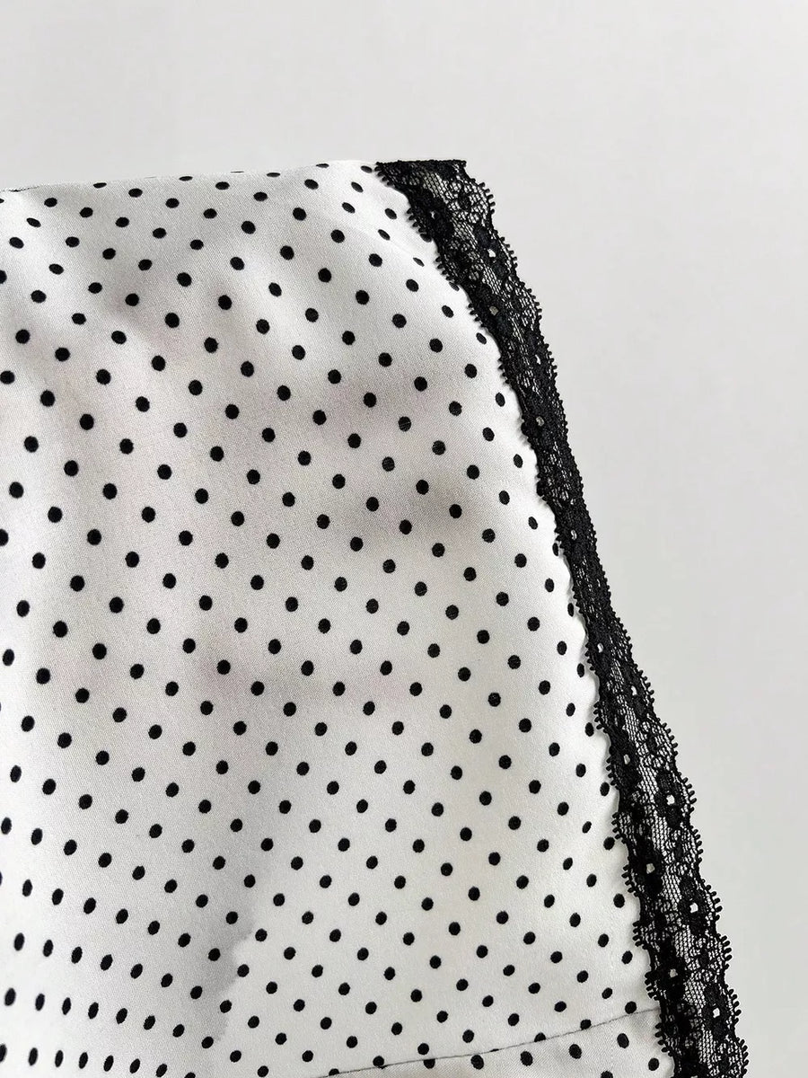 Polka Dot Lace Trim Puff Sleeve Top in Beige