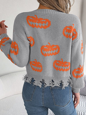 orange pullover sweater with distressed and long sleeve