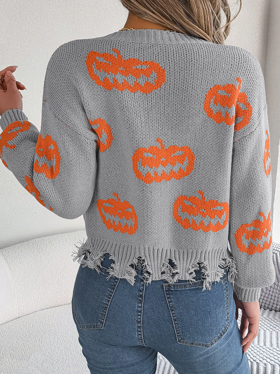 orange pullover sweater with distressed and long sleeve