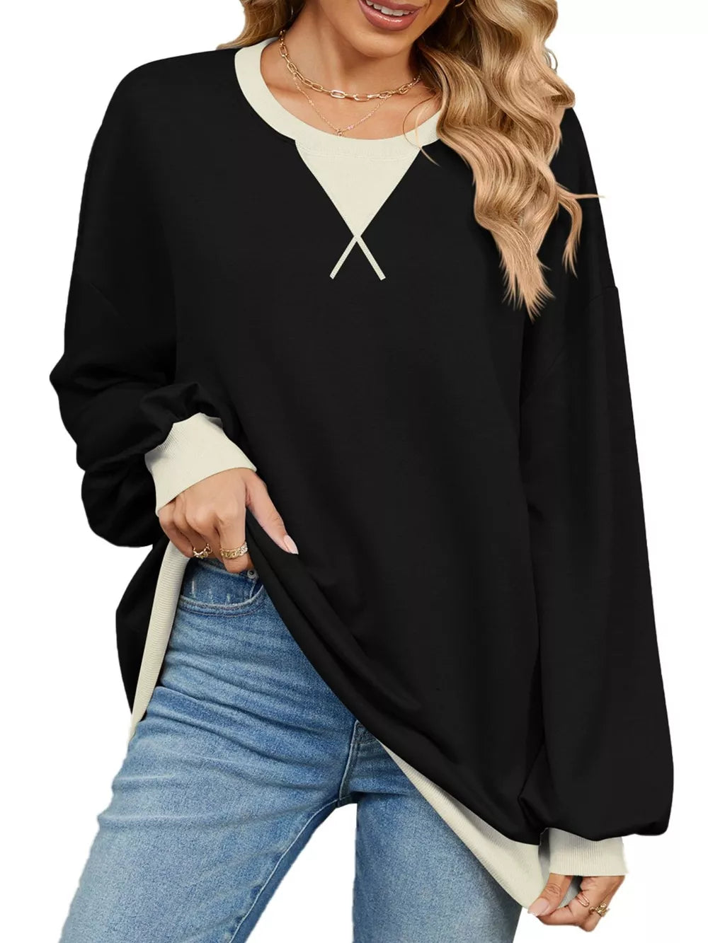Contrast Round Neck Long Sleeve Sweatshirt in Pastel Blue with contrast trim