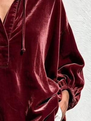Oversized Velvet Collared Drawstring Blouse in Burgundy with collared