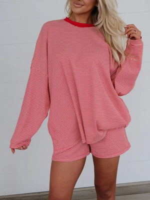 red pajama set with hip-length and pullover