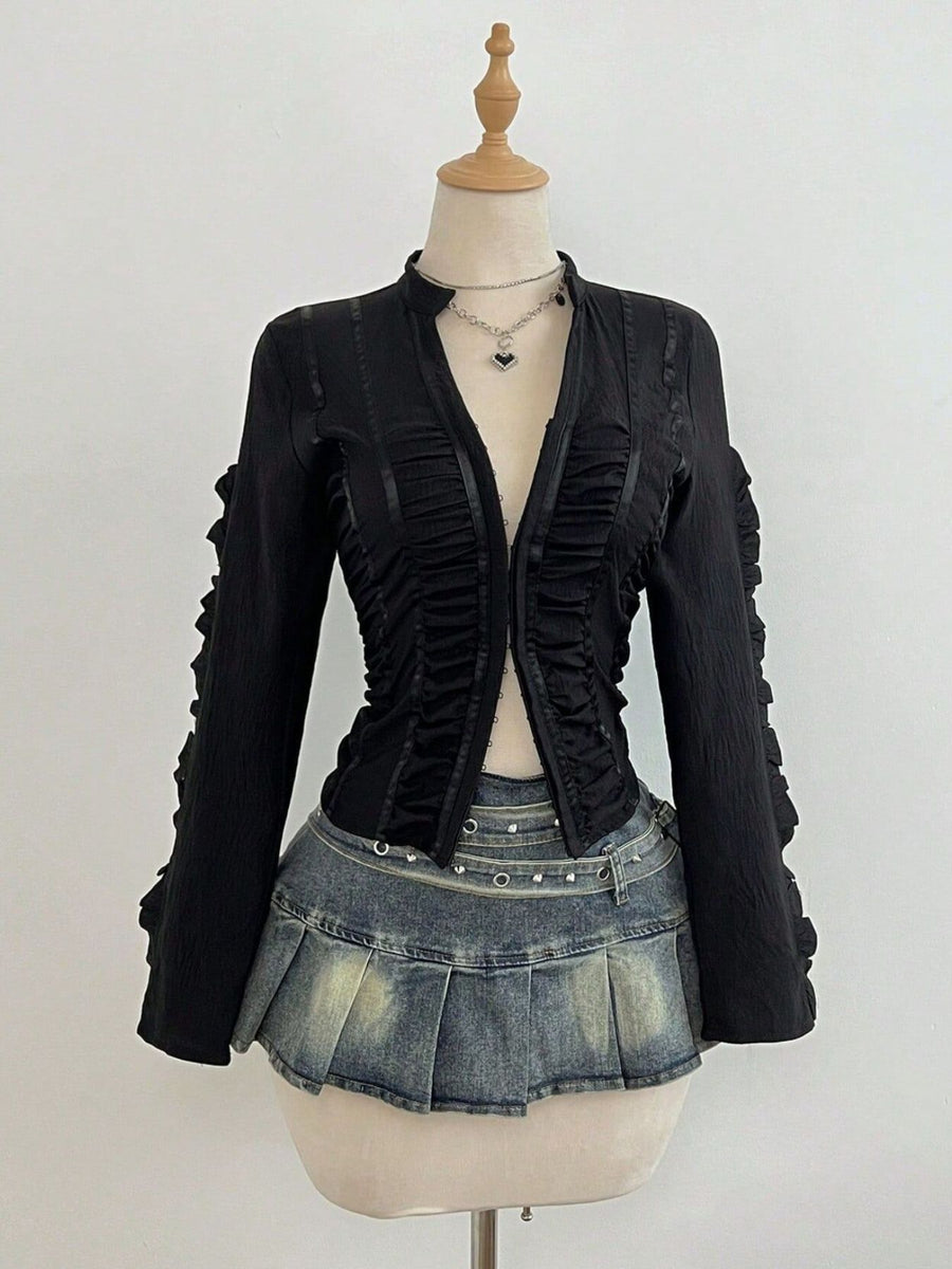 black blouse with waist-length and button-front