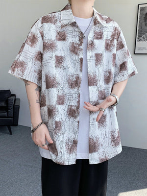 Men's short sleeve button-down shirt with abstract brown and white print, cotton.