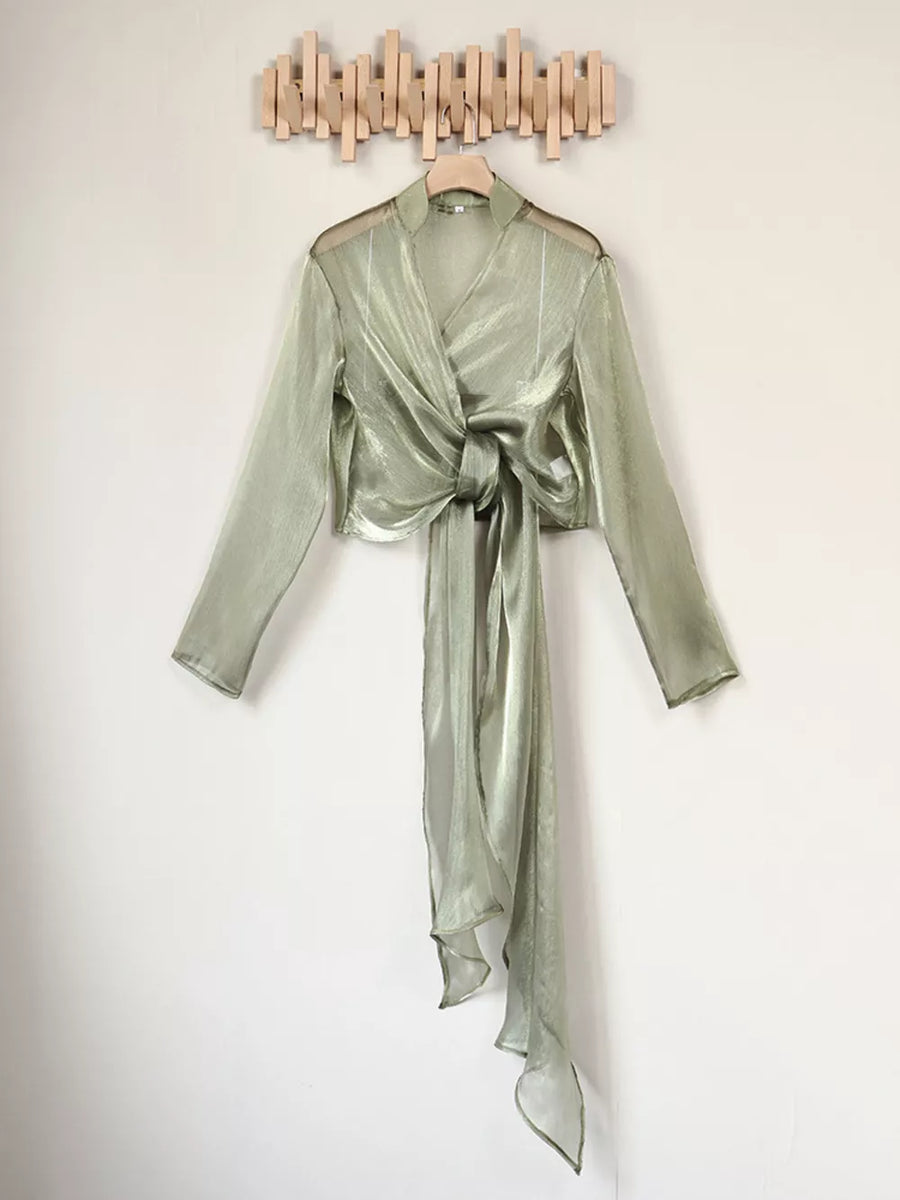 metallic olive green wrap top with sheer and long sleeve