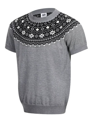 Grey short sleeve sweater with black and white fair isle yoke pattern