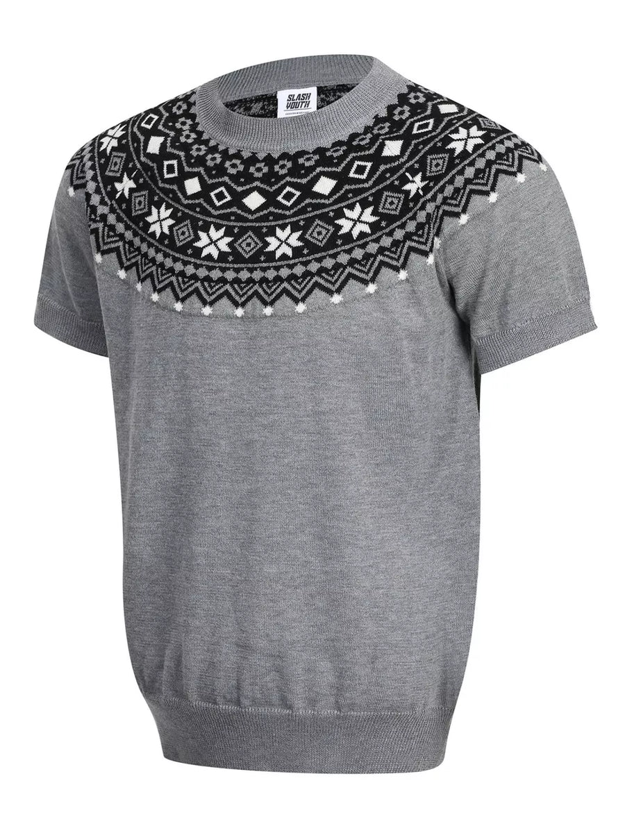 Grey short sleeve sweater with black and white fair isle yoke pattern