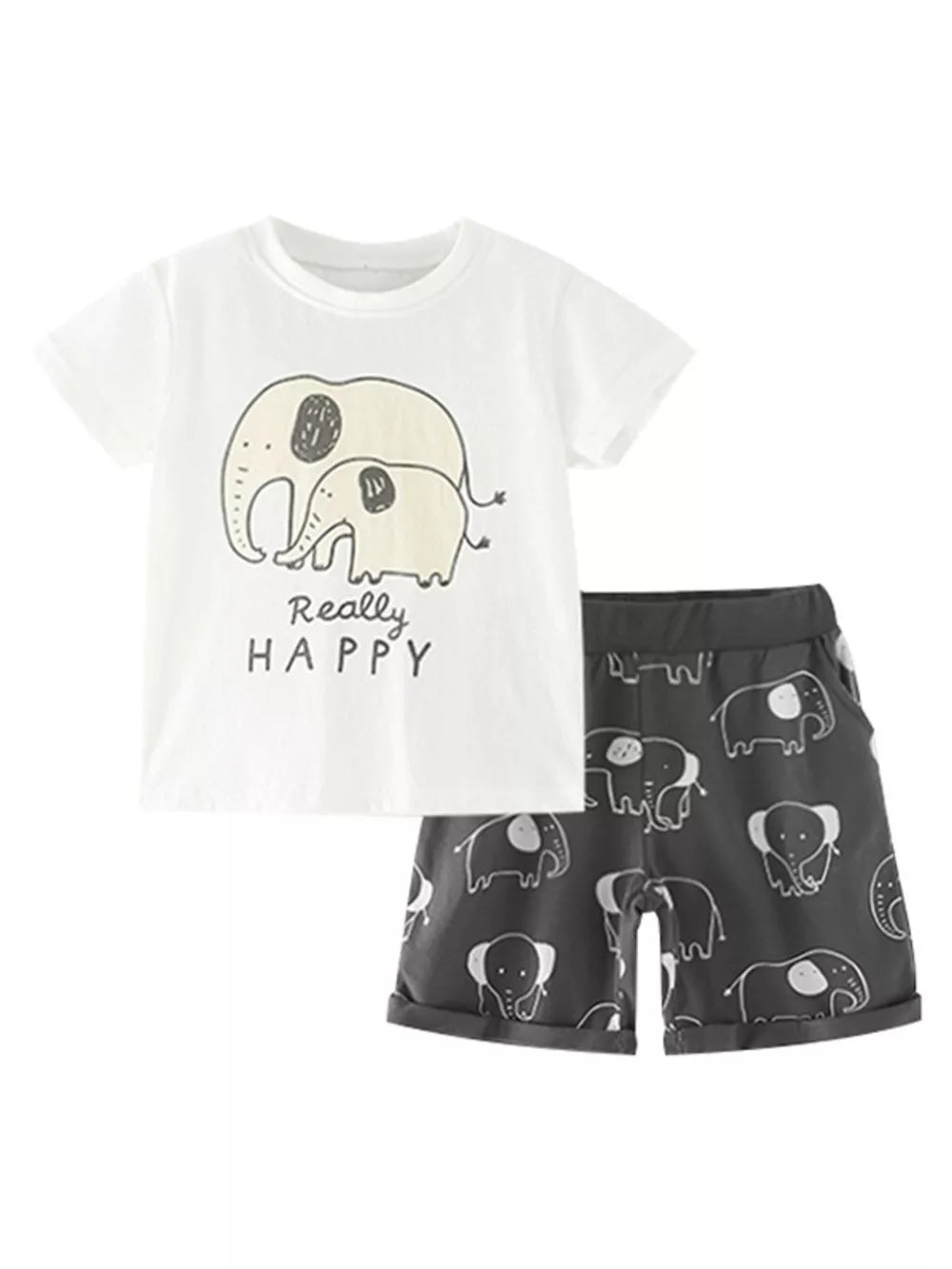 White cotton t-shirt with elephant graphic and dark grey shorts with allover elephant print.