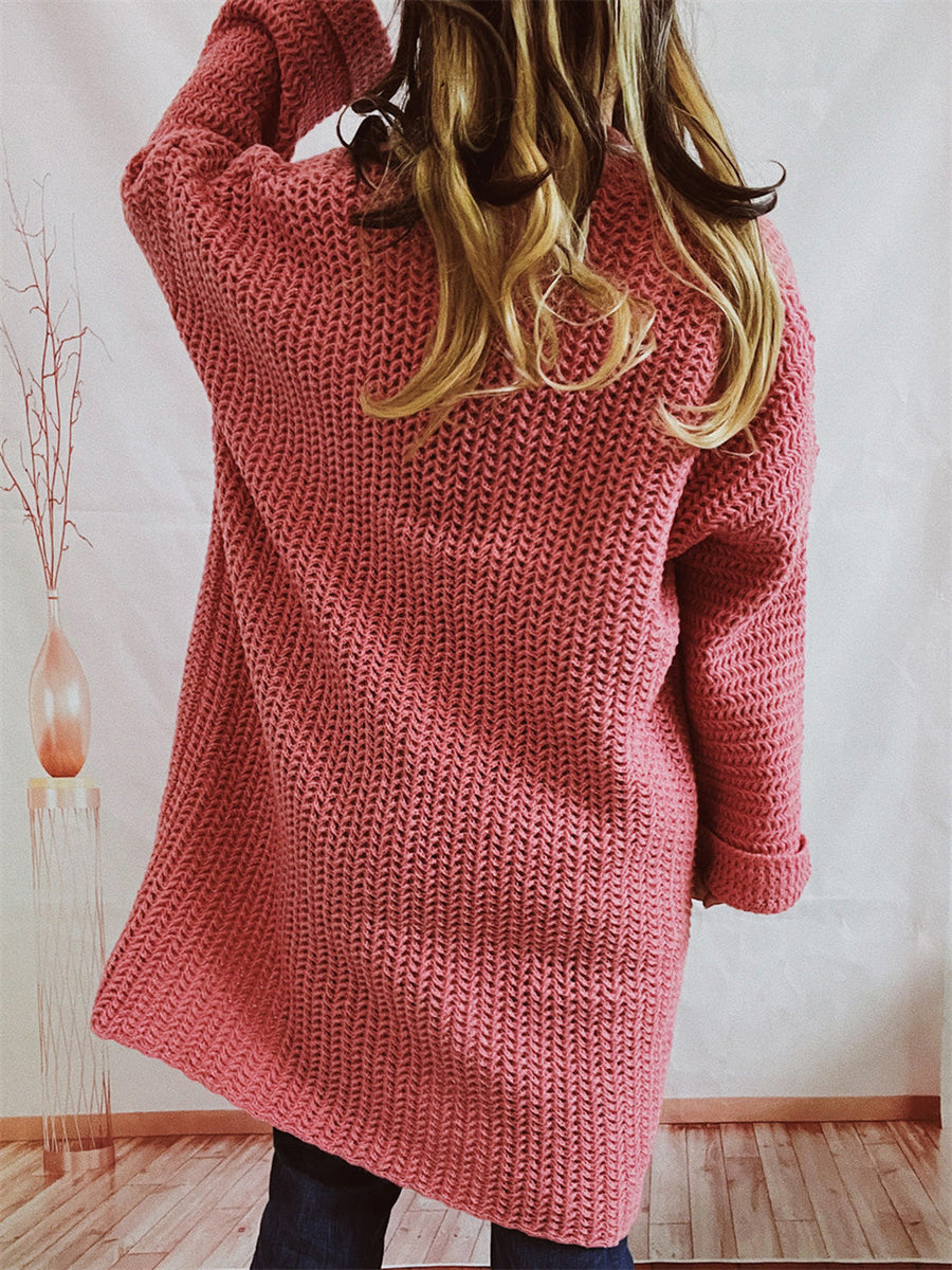 Chunky knit cocoon cardigan coat in Dusty Pink with open front and cuffed sleeves.