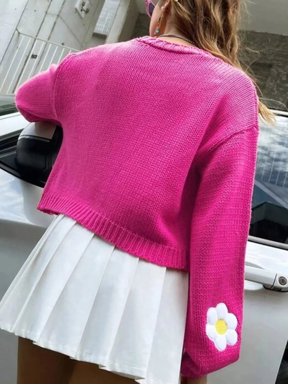 Floral Open Front Knit Cardigan in Fuchsia Pink with open-front