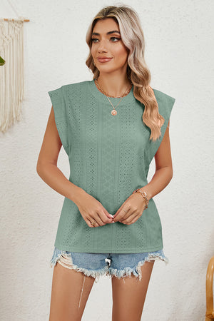 Light green perforated shoulder-pad top with a crew neck and cap sleeves.