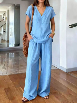 Apricot Full Size V-neck Short Sleeve Top And Pants Set