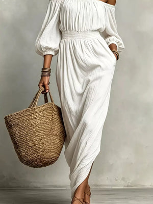 Khaki relaxed maxi dress with off-shoulder