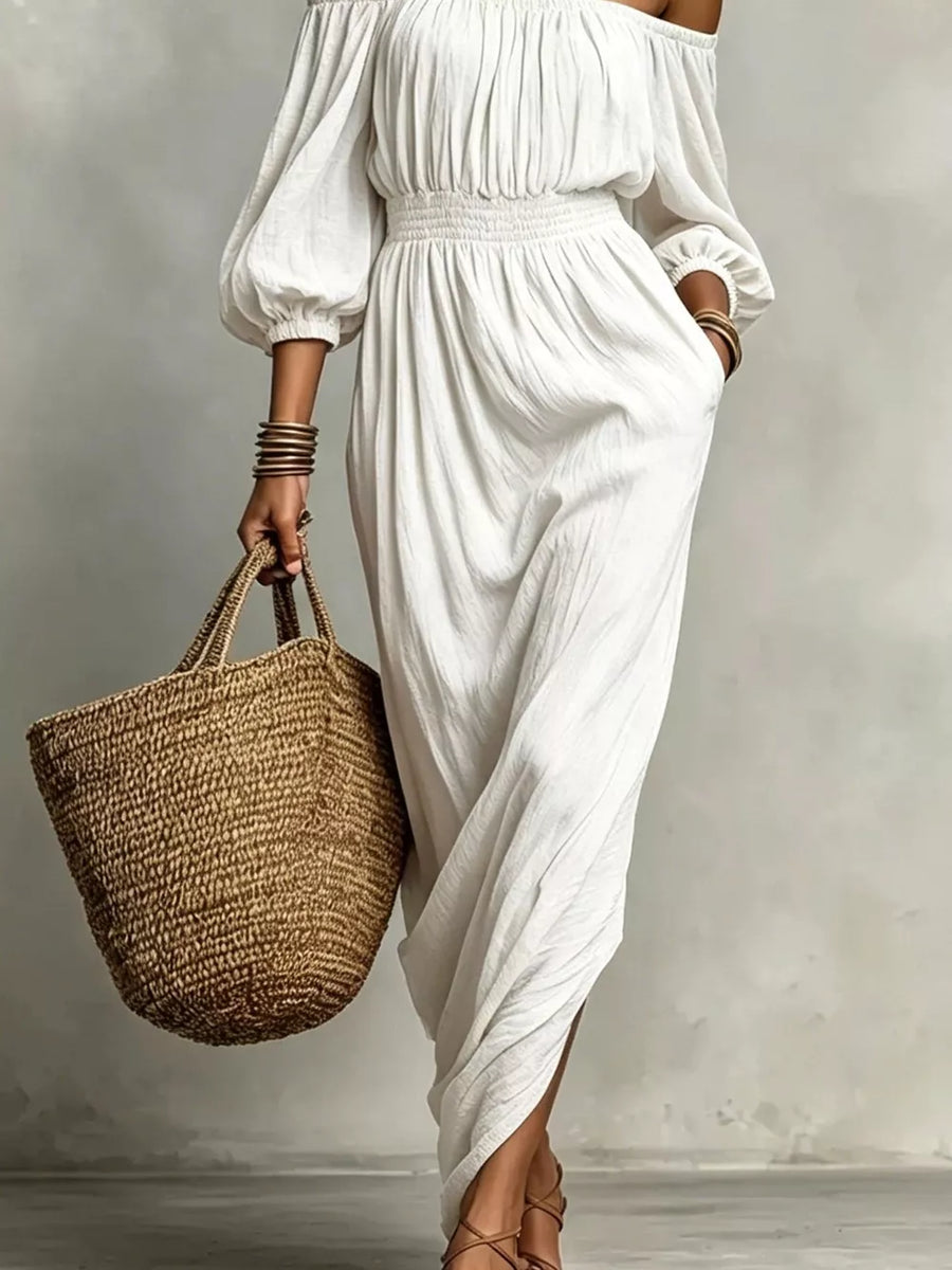 Khaki relaxed maxi dress with off-shoulder