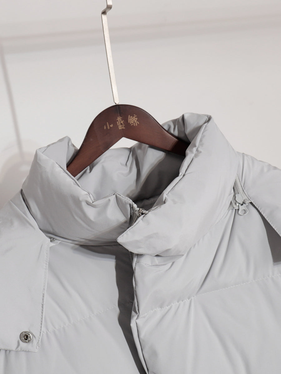 Light gray puffer jacket with high collar and zipper