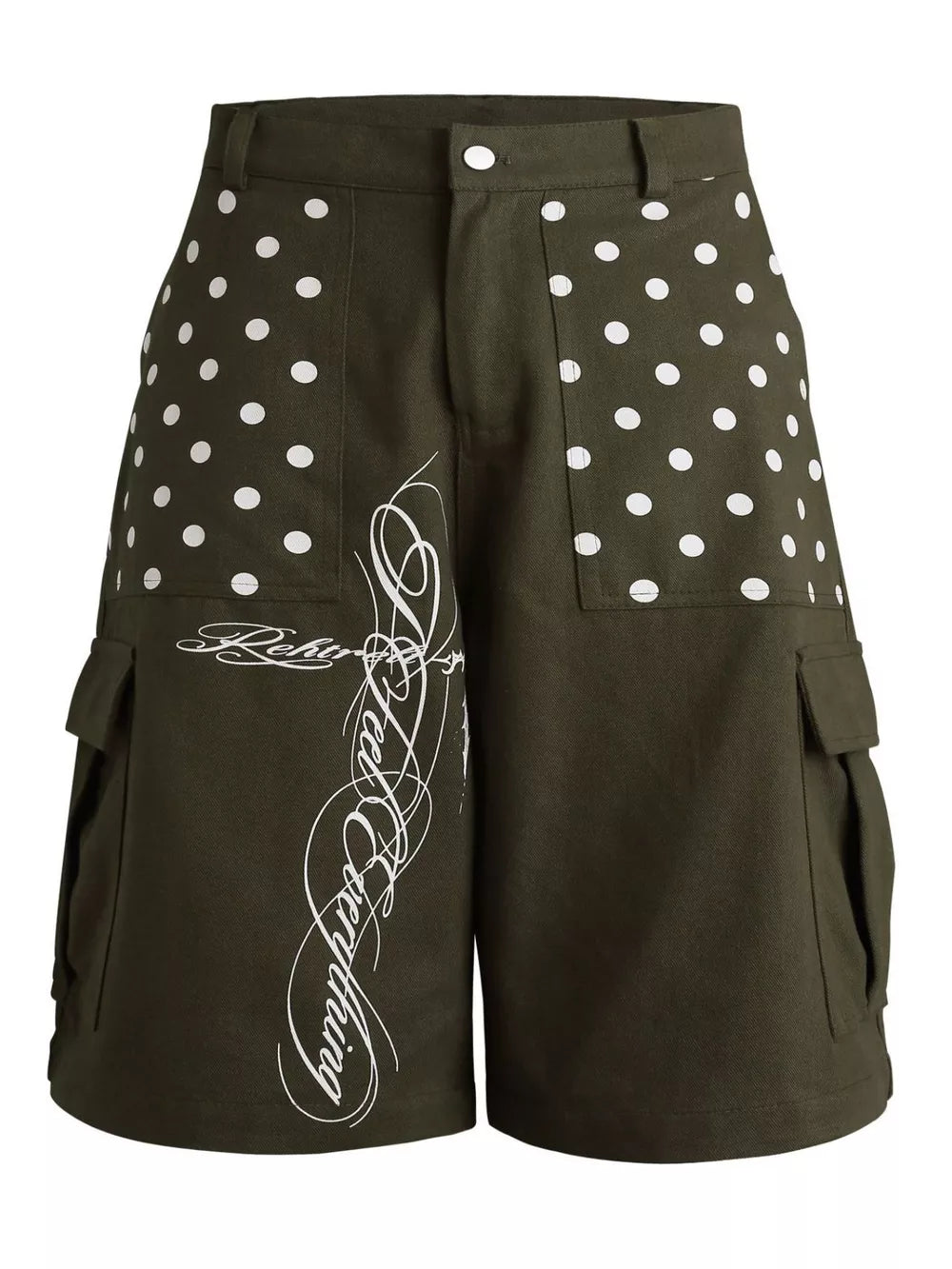 Green polka dot panel cargo shorts for men with white script graphic and utility pockets.