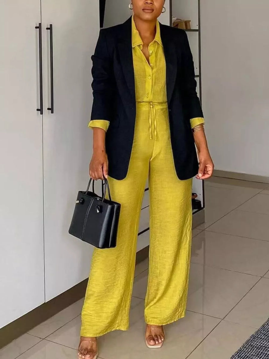 Chic tie-front top and wide-leg pants ensemble in lemon yellow, collared, button-down shirt, with black blazer.