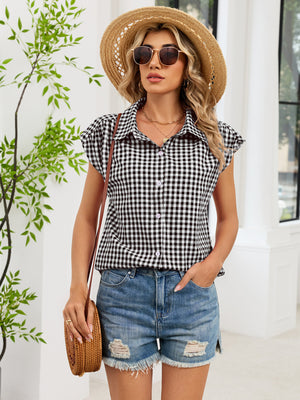 Plaid Button Up Cap Sleeve Shirt in Blue, view 18