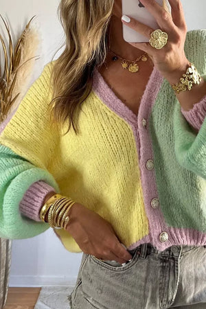 Pastel Yellow cardigan with hip-length and button-front
