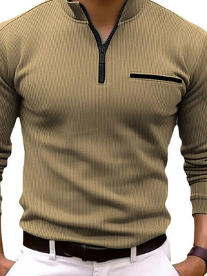 Khaki ribbed quarter-zip sweatshirt with black zipper and chest pocket detail.
