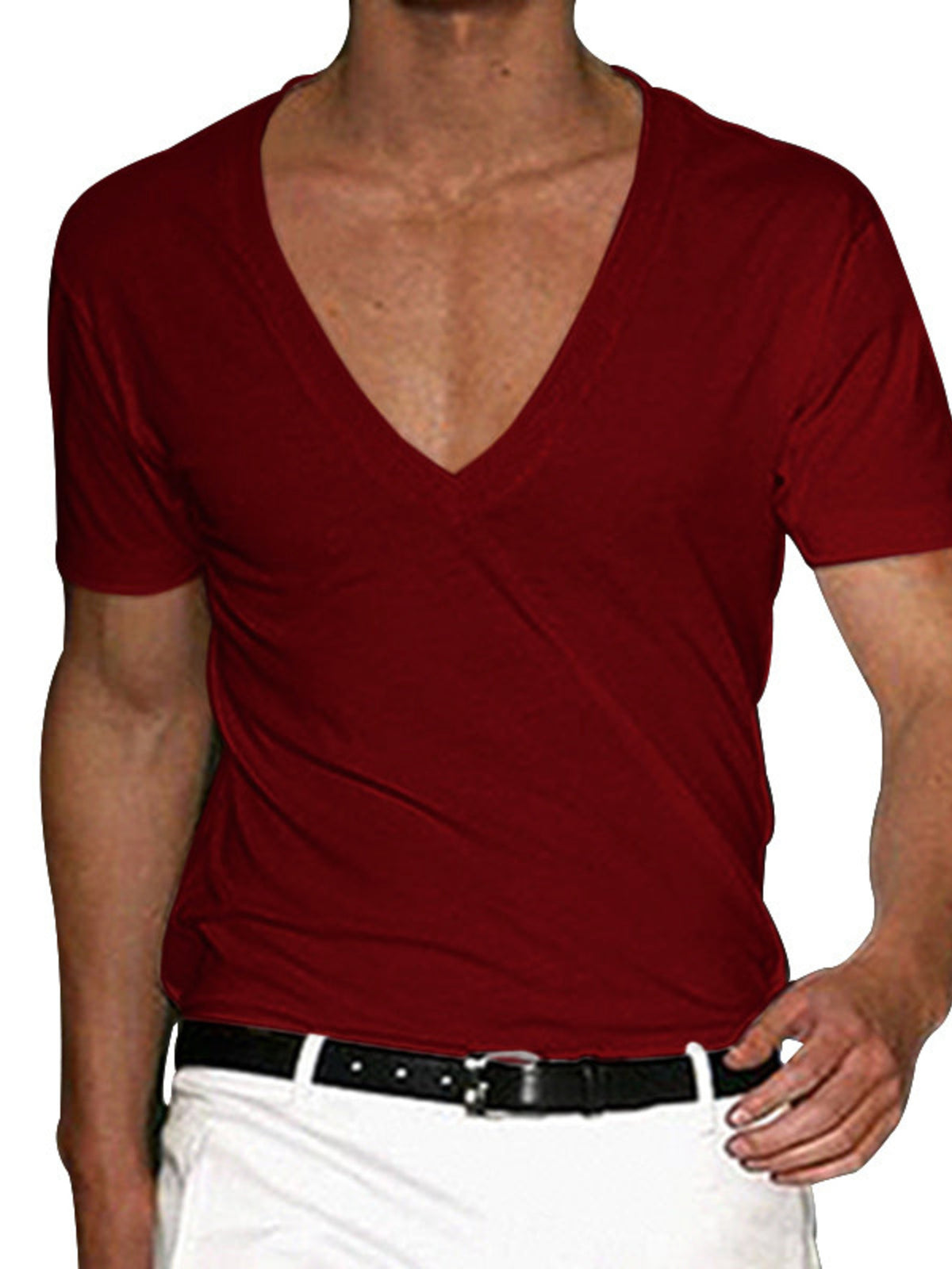 Red cotton blend slim fit tee with deep V-neck