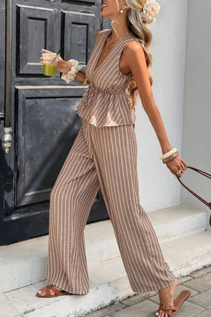 Chic striped two-piece set in camel with peplum top and wide-leg pants.
