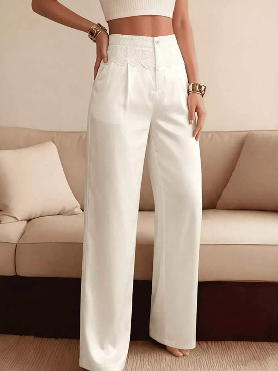 Lace-trimmed high-waist wide-leg maternity pants in white with a chic, casual style.