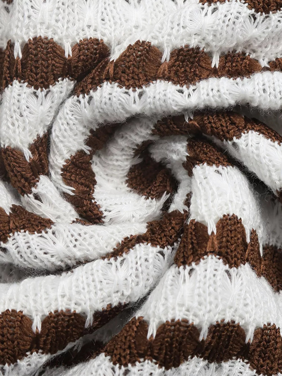 Brown and white striped knit halter neck bodycon midi dress detail