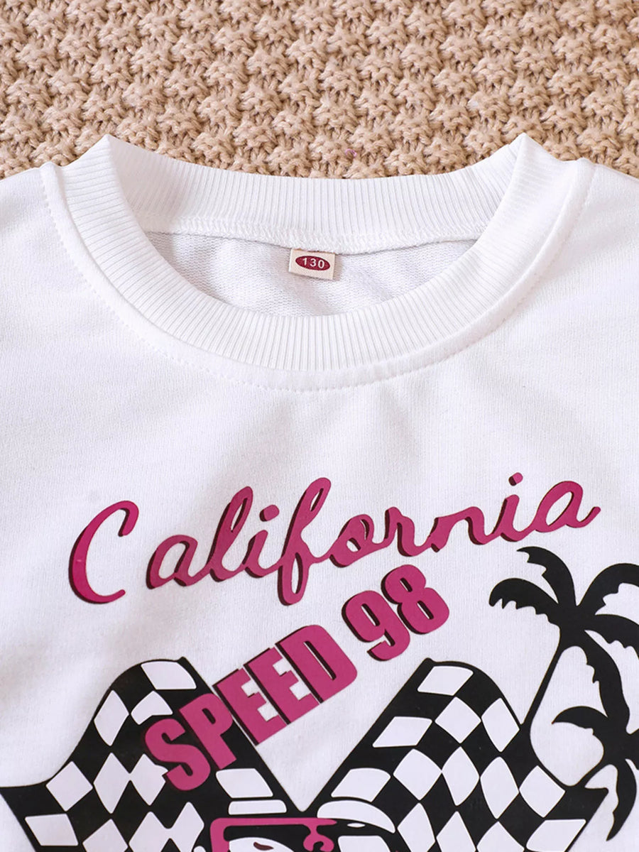 White crew neck sweatshirt with California Speed 98 graphic and checkered flags.