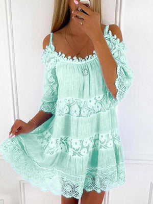 Green Bohemian Lace Cold Shoulder Mini Dress Plus Size