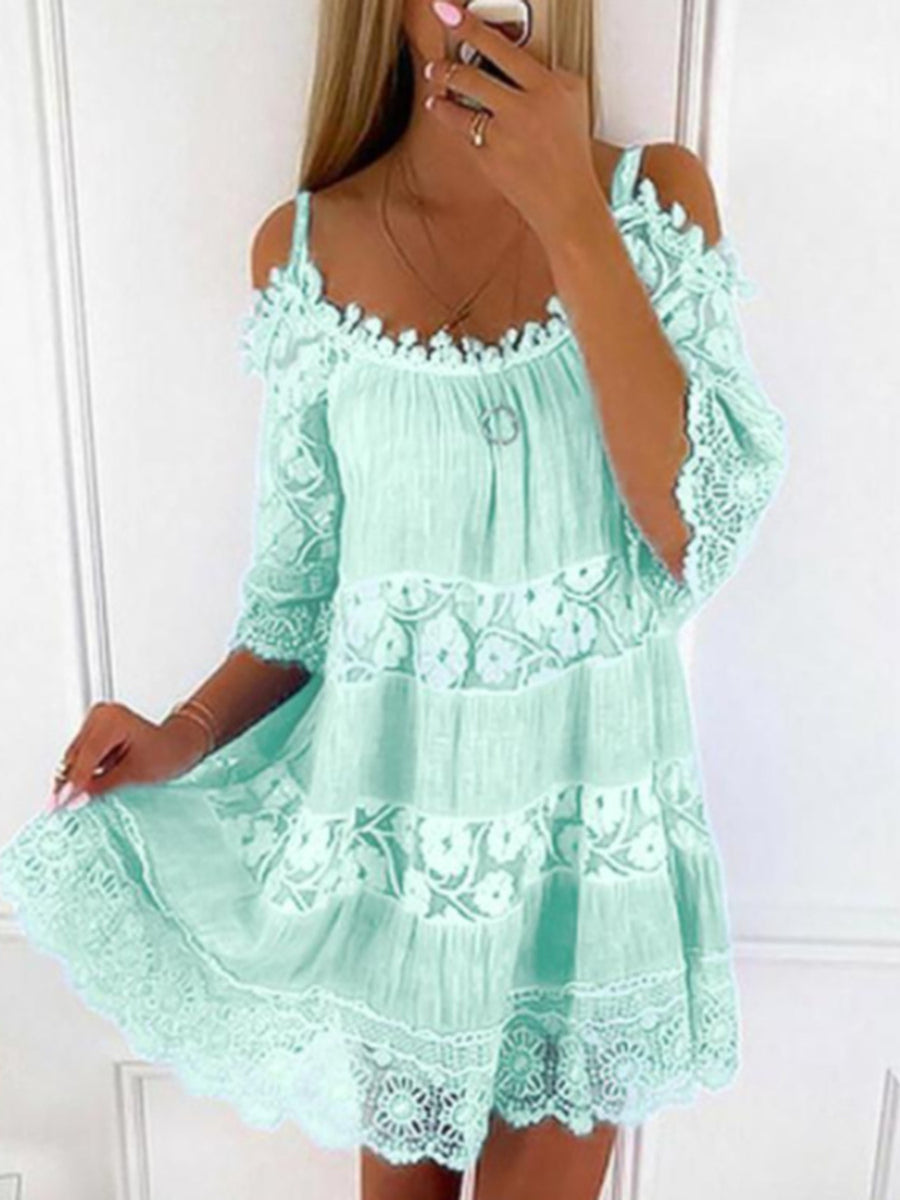 Green Bohemian Lace Cold Shoulder Mini Dress Plus Size