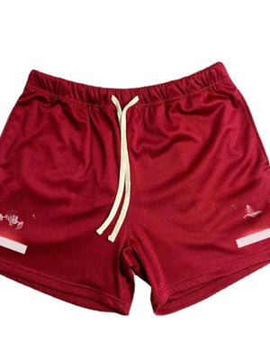 Deep Red mesh sport shorts with white drawstring detail and graphic print